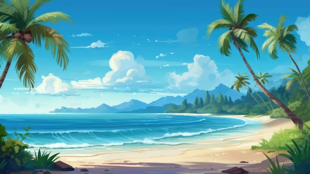 Tropical paradise photo realistic illustration - AI generated. Blue, ocean, palm, beach, sand.