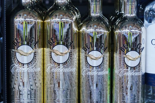 Tyumen, Russia-March 02, 2024: Beluga Russian Vodka on the shelf in a superstore. Bottled alcoholic. Selective focus