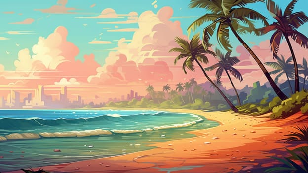 Tropical paradise photo realistic illustration - AI generated. Blue, ocean, palm, beach, sand.