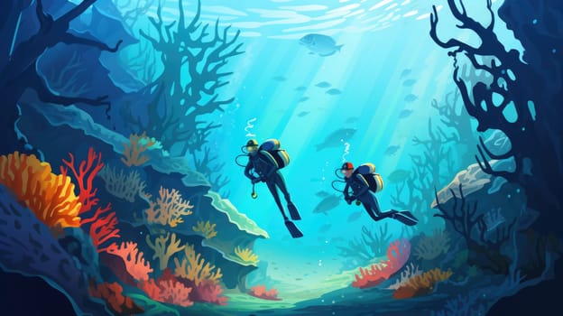 Underwater discovery divers photo realistic illustration - AI generated. Underwater, seaweed, fish, blue, ocean.