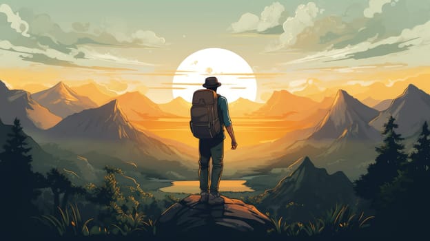 Wanderlust vibes photo realistic illustration - AI generated. Man, backpack, mountain, top, sunset.