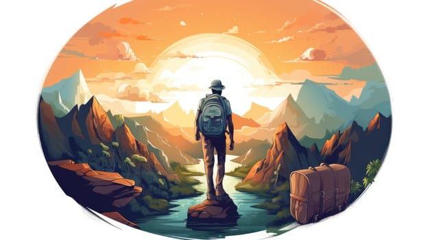 Wanderlust vibes photo realistic illustration - AI generated. Man, backpack, mountain, top, sunset.