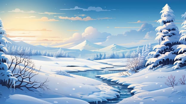 Winter wonderland escape photo realistic illustration - AI generated. Winter, snow, pines, trail.