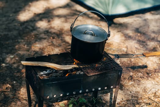 metal pot of food heated on a fire camping trip on summer vacation