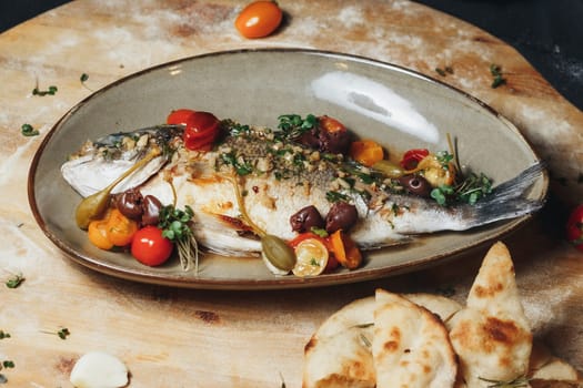 A tasteful presentation of grilled fish fillets served with ripe tomatoes and olives on a rustic wooden cutting board.