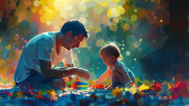 A man and a child are playing with a toy car. The man is sitting on the ground and the child is standing. The scene is playful and lighthearted, with the man and child enjoying their time together