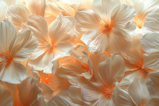 A close up of a bunch of white flowers with a soft, warm glow. The flowers are arranged in a way that creates a sense of depth and texture