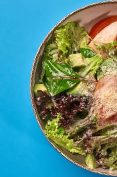 Delectable mixed greens salad with grilled chicken strips, avocado and tomato slices, drizzled with spicy creamy sauce and sprinkled with grated Parmesan, served in earthenware bowl on blue backdrop