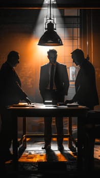 Three men are standing around a table with papers in front of them. Scene is serious and focused, as the men appear to be discussing important matters