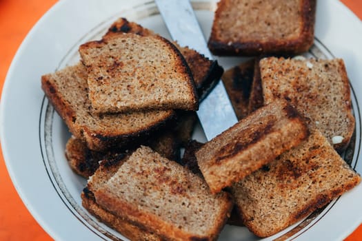 slice of toasted black bread with salt lying on the plate