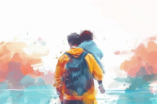 A man and a child are walking together, with the man carrying the child on his back. The image has a warm and friendly mood, with the colors of the sky and the water creating a sense of calm