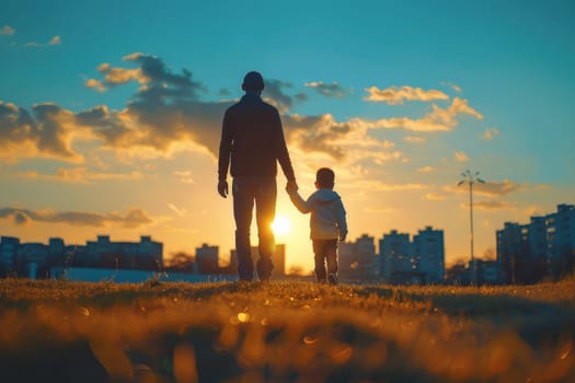 A man and a child are walking together in a field at sunset. The sky is filled with clouds, and the sun is setting in the distance