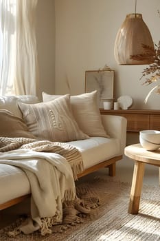 A cozy living room with a comfortable couch, wooden table, and soft pillows, all set on beautiful hardwood flooring for a warm and inviting atmosphere