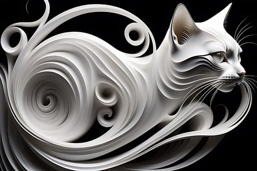 A white cat with intricate swirl patterns on its face is the central focus of this shot. The cats fur is fluffy and pristine white, contrasting beautifully with the striking swirls that adorn its face. The cats eyes are large and bright, adding to its unique appearance.