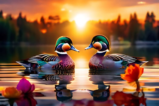Sunset Serenity: A Pair of Ducks on a Tranquil Lake. High quality photo