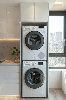 A white washing machine with a black drum sits on top of another washing machine. The two machines are stacked on top of each other