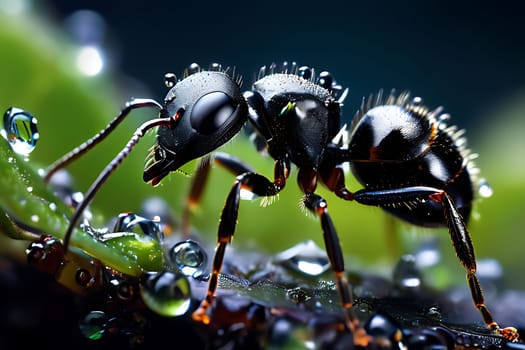 Morning Dew: A Close-Up of an Ant Amidst Natures Jewels. High quality photo