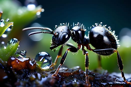 Morning Dew: A Close-Up of an Ant Amidst Natures Jewels. High quality photo