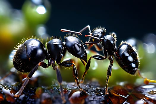 Morning Dew: A Close-Up of an Ant Amidst Natures Jewels. High quality photo