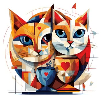 An abstract image of two kittens with cups of coffee in a pop art cubist style. Template for cafe advertisement, poster, sticker, t-shirt print, etc.