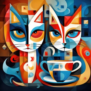 An abstract image of two kittens with cups of coffee in a pop art cubist style. Template for cafe advertisement, poster, sticker, t-shirt print, etc.