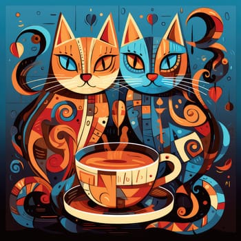 An abstract image of two kittens with cups of coffee in a pop art cubist style. Template for cafe advertisement, poster, sticker, t-shirt print, etc.