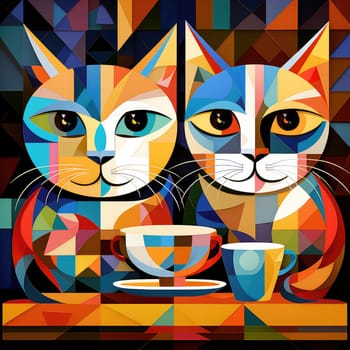 An abstract image of two kittens with cups of coffee in a pop art cubist style. Template for cafe advertisement, poster, sticker, t-shirt print, etc.