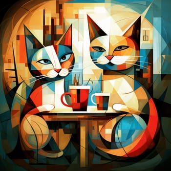 An abstract image of two kittens with cups of coffee in a pop art cubist style. Template for cafe advertisement, poster, sticker, t-shirt print, etc.