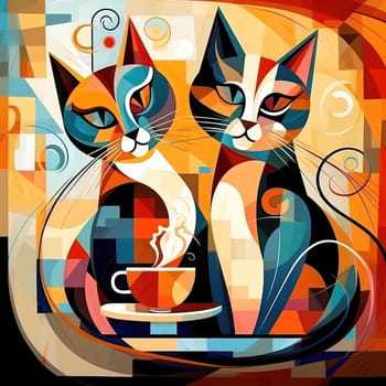 An abstract image of two kittens with cups of coffee in a pop art cubist style. Template for cafe advertisement, poster, sticker, t-shirt print, etc.