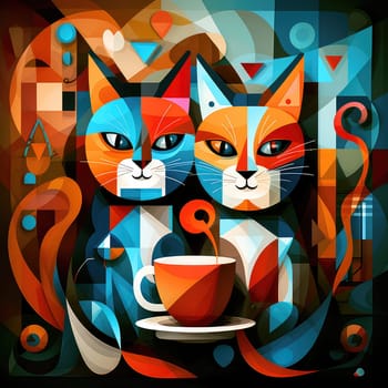 An abstract image of two kittens with cups of coffee in a pop art cubist style. Template for cafe advertisement, poster, sticker, t-shirt print, etc.