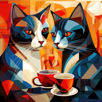 An abstract image of two kittens with cups of coffee in a pop art cubist style. Template for cafe advertisement, poster, sticker, t-shirt print, etc.