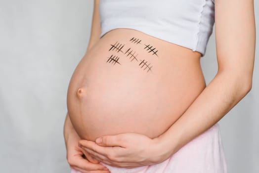 belly of a pregnant girl with painted paints for a period of pregnancy
