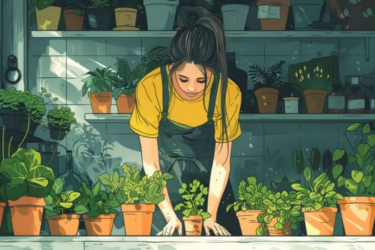 Cute Young Woman is Working in Florist's Shop. Gardening Green Illustration. Ai generated