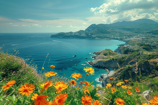 Captivating landscape of the sea at Ischia Island, located near Naples, Italy. The scene captures the expansive view of the turquoise Mediterranean waters gently lapping against the rugged coastline of Ischia