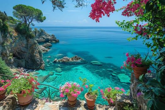 Captivating landscape of the sea at Ischia Island, located near Naples, Italy. The scene captures the expansive view of the turquoise Mediterranean waters gently lapping against the rugged coastline of Ischia