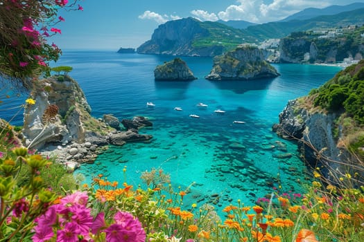Captivating landscape of the sea at Ischia Island, located near Naples, Italy. The scene captures the expansive view of the turquoise Mediterranean waters gently lapping against the rugged coastline of Ischia