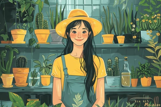 Cute Young Woman is Working in Florist's Shop. Gardening Green Illustration. Ai generated