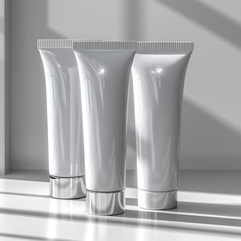 Aesthetic White Cosmetic Packages Mockup. Modern Indoor Product Photography with Shadow. Ai generated