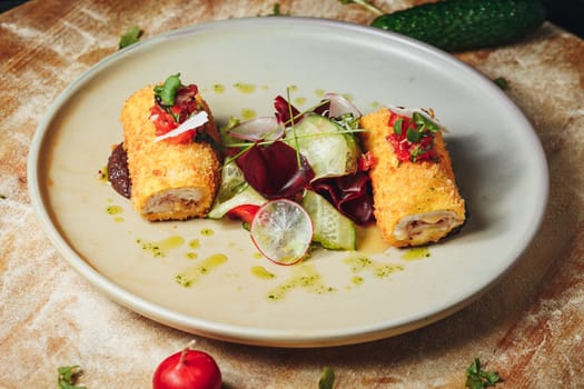 A detailed shot of a mouth-watering plate of food set on a wooden table, showcasing a delectable arrangement of flavors and textures.