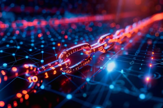 binary numeric data transmission chain of nodes connected in a network form, p2p connection.