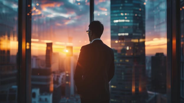 A man in a suit is standing in front of a window looking out at the city. The sun is setting, casting a warm glow over the buildings. The man is lost in thought
