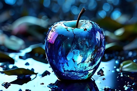 A blue apple with water splashing around it. High quality photo
