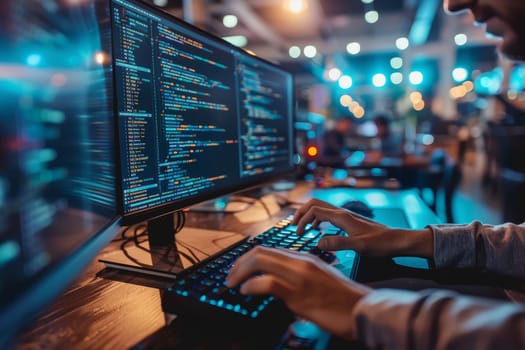 Programmer is hands on keyboard writing source code, on screen monitor showing writing code.