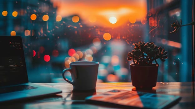 A laptop and two cups of coffee sit on a table with a view of a city skyline. Concept of productivity and relaxation