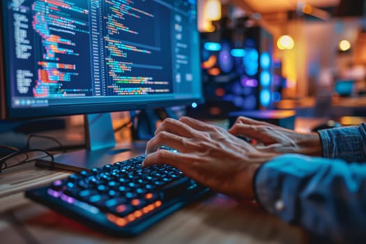 Programmer is hands on keyboard writing source code, on screen monitor showing writing code.