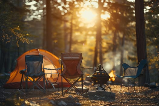 Camping outdoors with lots of sunlight. tent, chairs, a tent BBQ rack, and more.