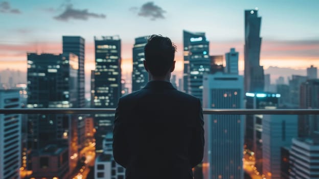 A man in a suit is standing on a balcony overlooking a city at night. The city is lit up with lights, creating a sense of energy and excitement. The man is lost in thought
