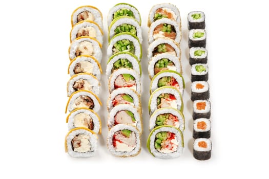 Delicious set for Japanese style friendly dinner of simple norimaki and various uramaki rolls filled with eel, salmon, shrimp and vegetables, lined up isolated on white background