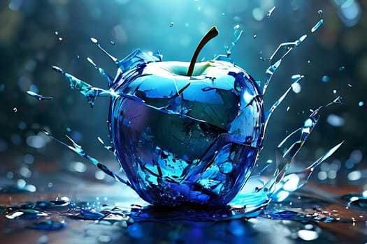 A blue apple with water splashing around it. High quality photo