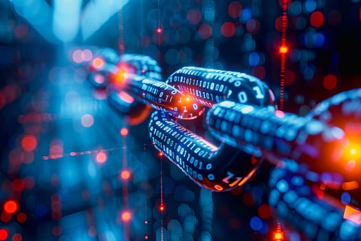 binary numeric data transmission chain of nodes connected in a network form, p2p connection.